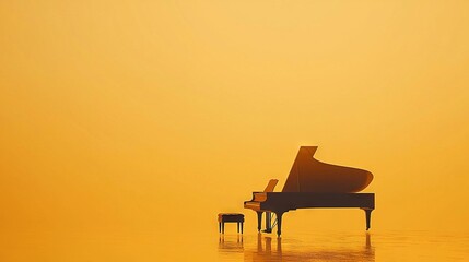   A grand piano in a water body with a stool centered