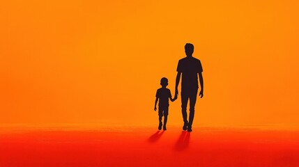 Fototapeta premium Silhouette of Father and Son Walking into Sunset