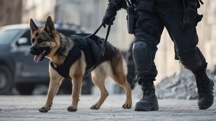 Police officer walking with a trained k9 on duty in urban setting