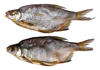A photo of dried roach fish isolated on a white background. Salted fish
