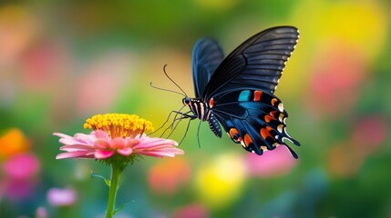 Beautiful butterfly perched delicately on a vibrant flower, showcasing colorful wings against a soft, blurred background of nature's palette, full of life.