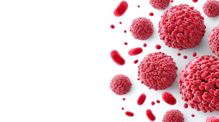 Red cancer cells and tumor associated macrophages interact in detailed illustration, showcasing their complex relationship in tumor microenvironment. This highlights significance of cellular