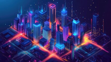 Fototapeta premium Modern isometric city plan 3d location map%3A living houses offices skyscrapers industrial buildings city landmarks