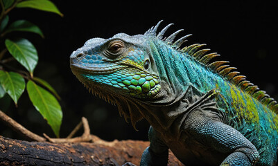 Obraz premium A blue iguana perches on a branch in a lush rainforest setting, its scales shimmering in the light