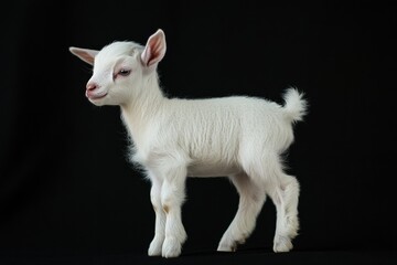 Obraz premium the beside view baby Domestic Goat standing, left side view, low angle, white copy space on right, Isolated on black Background