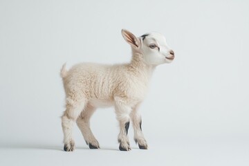 Fototapeta premium the beside view baby Domestic Goat standing, left side view, low angle, white copy space on right, Isolated on White Background