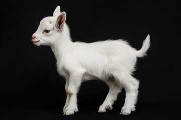 Fototapeta premium the beside view baby Domestic Goat standing, left side view, low angle, white copy space on right, Isolated on black Background