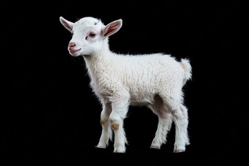 Fototapeta premium the beside view baby Domestic Goat standing, left side view, low angle, white copy space on right, Isolated on black Background
