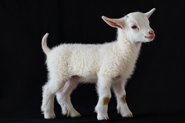 Obraz premium the beside view baby Domestic Goat standing, left side view, low angle, white copy space on right, Isolated on black Background