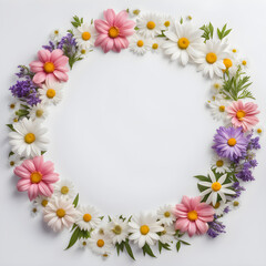 circular frame of flowers on white
