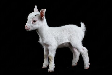 Obraz premium the beside view baby Domestic Goat standing, left side view, low angle, white copy space on right, Isolated on black Background