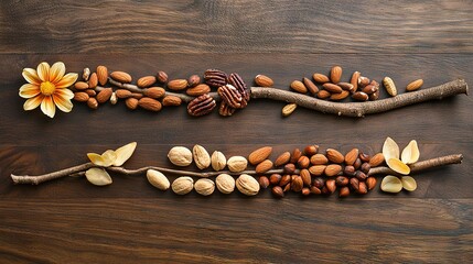   A line of various nuts and shells on a wooden table beside a flowering branch
