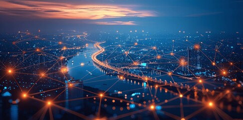 Night City Network Connectivity Over Bridge, Digital Communication, Glowing Highway Connections, Smart City Lights