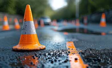 Traffic Cone on Fresh Asphalt Road During Construction Work