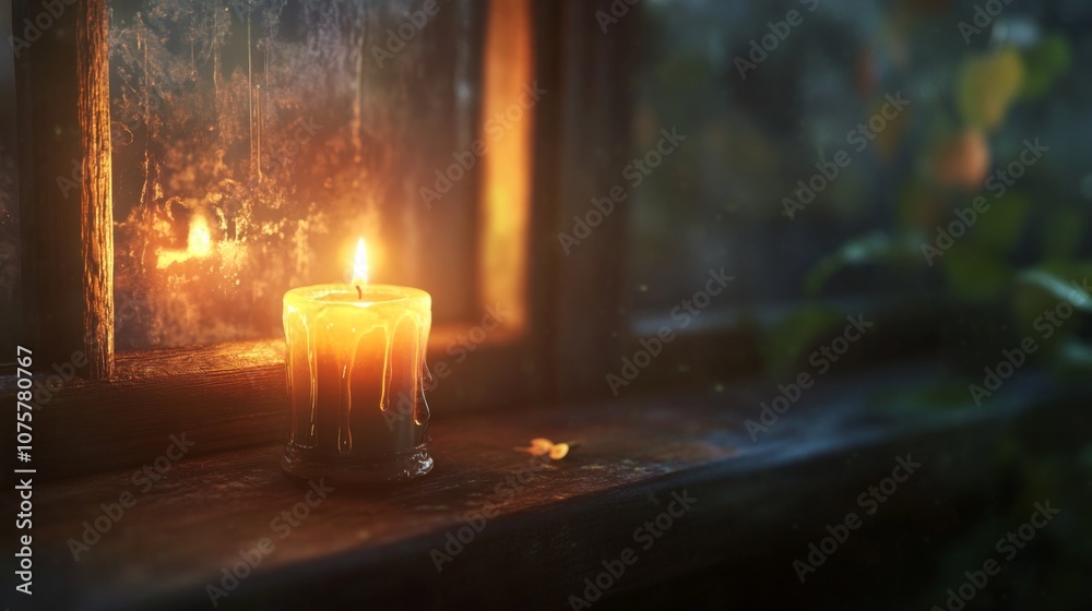 Poster Warm Glow of Candlelight Illuminating a Cozy Window Scene with Soft Reflections and Subtle Nature Elements as Evening Approaches