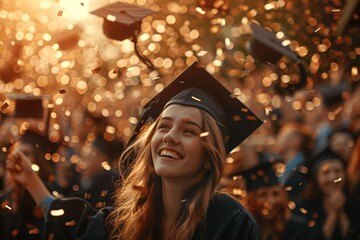 Joyful graduation celebration with students throwing caps in the air during golden hour lighting