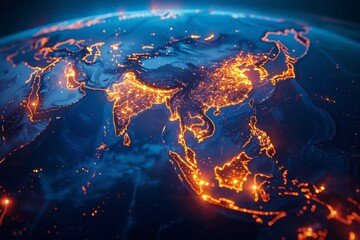 Obraz premium Satellite View of Earth at Night: Illuminated Asia, City Lights, China, India, 3D Globe from Space