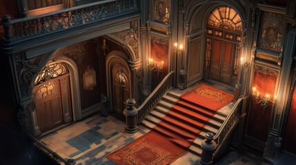Obraz premium An isometric architectural asset of a grand Victorian hall fused with medieval styles,