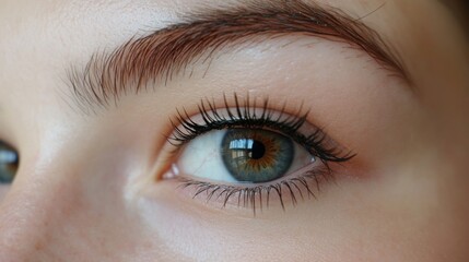 Fototapeta premium Close-up of a Beautiful Young Woman’s Eye with Striking Green and Brown Irises, Long Lashes, and Smooth Skin Illuminated by Soft Natural Light