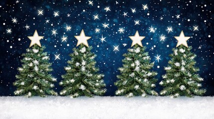 Fototapeta premium Festive Christmas Trees with Snowfall and Stars on a Dark Blue Background