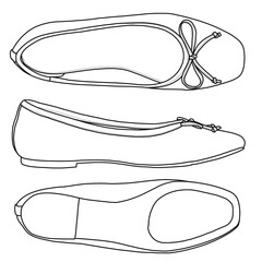Women's Pepper Ballet Flat with Bow Shoes  Line art, Technical sketch hand drawing outline vector doodle illustration side, bottom and top view isolated on white background