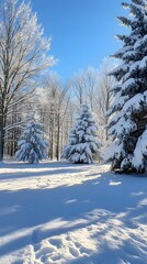 Obraz premium Winter wonderland with snow-covered trees under a clear blue sky.