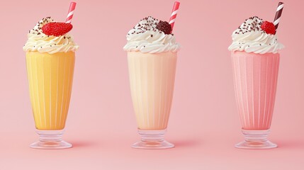 Colorful Milkshakes with Whipped Cream and Toppings   Strawberry  Vanilla  and Chocolate F