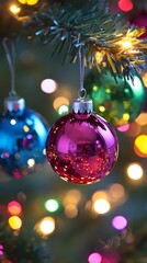 Obraz premium Colorful Christmas ornaments hanging on a lush evergreen tree.