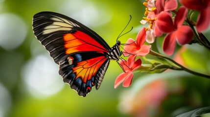 Fototapeta premium Colorful Butterfly Perched on Bright Flowers in a Lush Garden, Showcasing Nature's Beauty and Intricate Patterns in Vibrant Detail