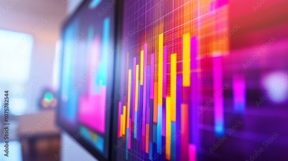 Leinwandbilder Vibrant Data Visualization with Colorful Graphs and Charts on Computer Screens Capturing Modern Technology and Analytics in a Bright, Inviting Environment