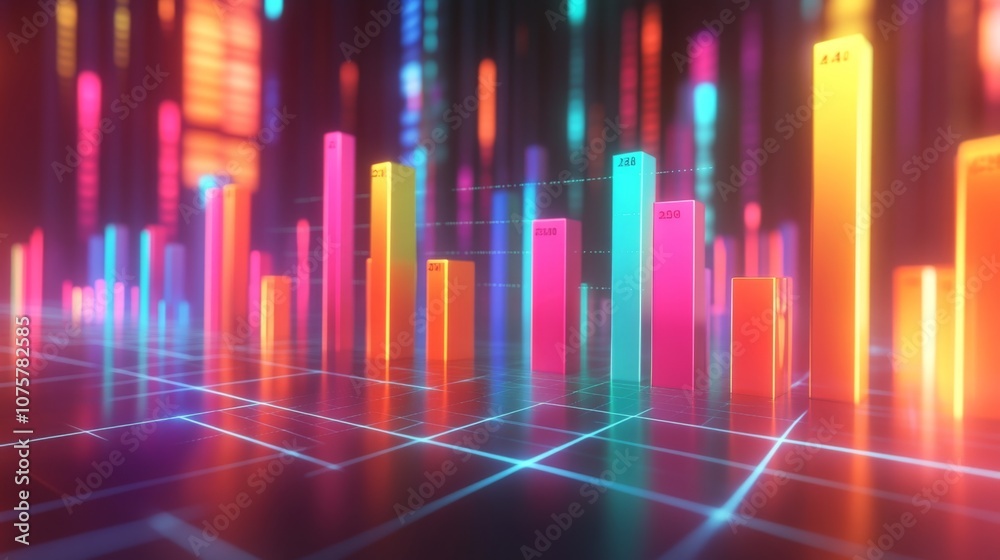 Poster vibrant data visualization with colorful bar graphs illuminating a digital landscape representing st