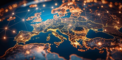 Digital map of Europe highlighting Middle East, global network connections, connectivity and business exchange, online communication, global trade