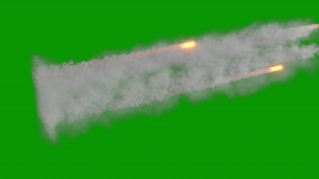 Multiple rocket launcher firing several missiles, 24p, three different speeds, with green screen for transparent background, side view