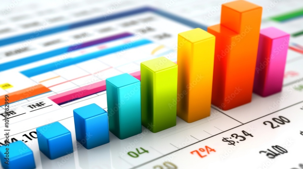 Fototapete colorful bar graph on financial spreadsheet showing data analysis and business growth metrics with c