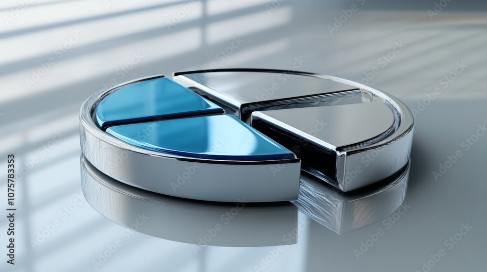 Poster Glossy Chrome Pie Chart with Blue Segments Representing Data Analysis in a Modern Office Environment with Soft Shadows and Reflections