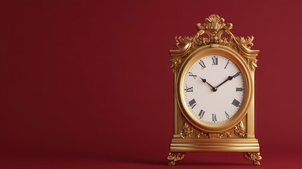 Golden Ornate Clock on Red Background