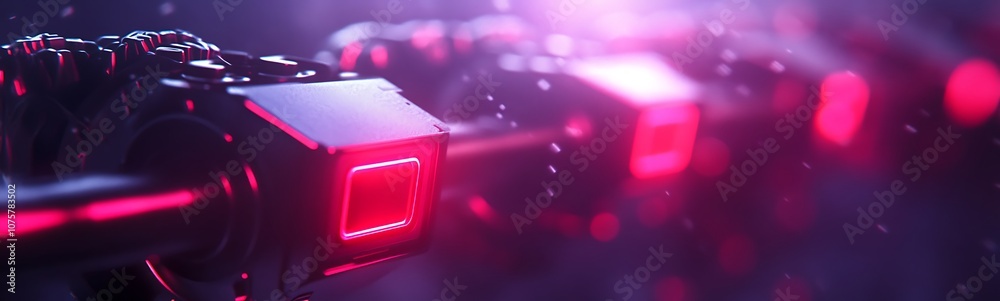 Poster a futuristic close-up of illuminated cubes with a glowing pink hue, surrounded by mist, suggesting a