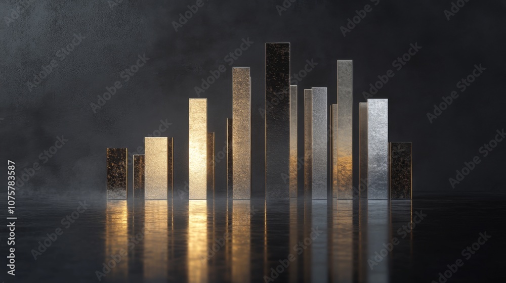 Aufkleber Abstract representation of a modern data visualization with reflective bars shining in varied heights and illuminated by warm light, set against a dark atmospheric background