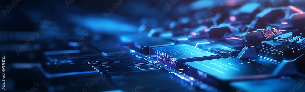 Poster a close-up image of a futuristic circuit board, bathed in blue light, showcasing intricate details a