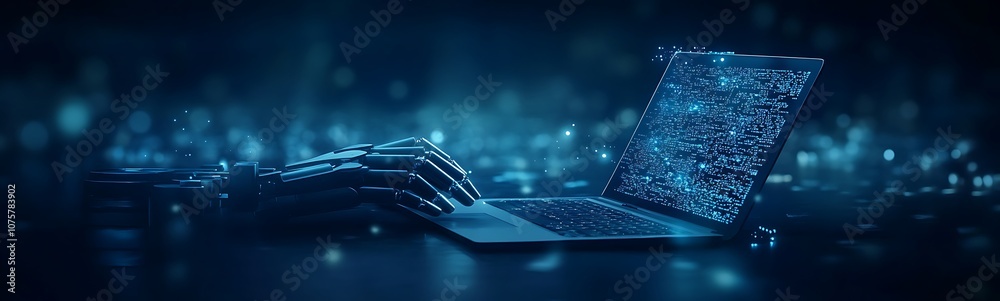 Poster a futuristic laptop emits a stream of glowing digital particles against a dark, high-tech background