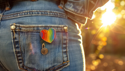 rainbow color pin badge on jeans or jacket pocket, pride and lgbtq community support concept