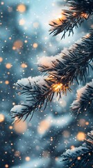Fototapeta premium Snow-covered pine branches glistening with warm lights in a winter wonderland.