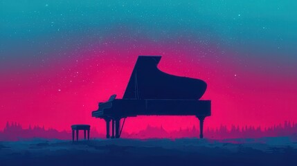 Grand Piano Silhouette Against Galaxy Night Sky