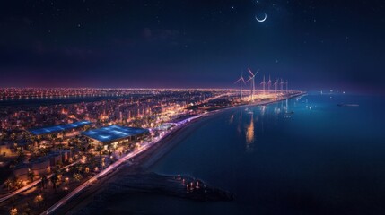 The vibrant night skyline of Jeddah, where city lights shimmer along the coastline. © Chatchanan