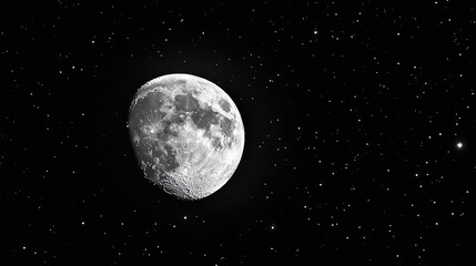 Naklejka premium A monochromatic image of the moon illuminating the star-studded sky, with a cluster of celestial bodies in the foreground and a faint scattering