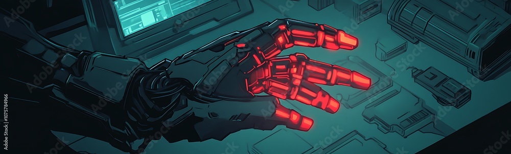 Aufkleber a robotic hand with red highlights rests beside a glowing screen, embodying a blend of technology an