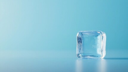   A blue counter top holds a square ice cube, which sits in front of a light blue background of water
