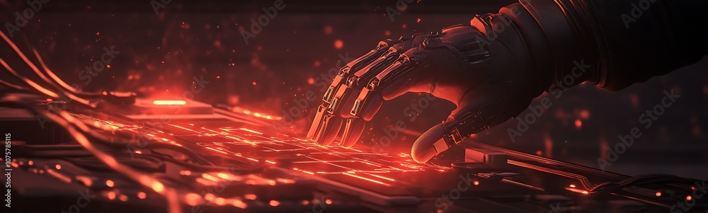Aufkleber A futuristic hand interacts with glowing red circuitry, symbolizing advanced technology and digital connections.