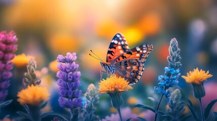 Obraz premium Vibrant Butterfly Resting on Colorful Flowers in a Lush Garden Setting with Soft Bokeh Effect and Artistic Photography for Nature Enthusiasts