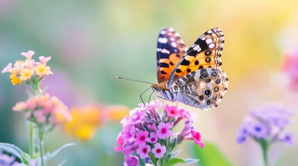 Obraz premium Colorful Butterfly Perched on Vibrant Flowers in a Lush Garden Setting, Capturing the Beauty of Nature's Delicate Creatures and Their Habitat